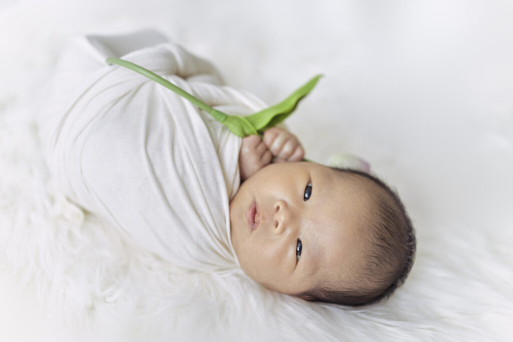 Newborn baby laying on white shag rug holding a tulip
