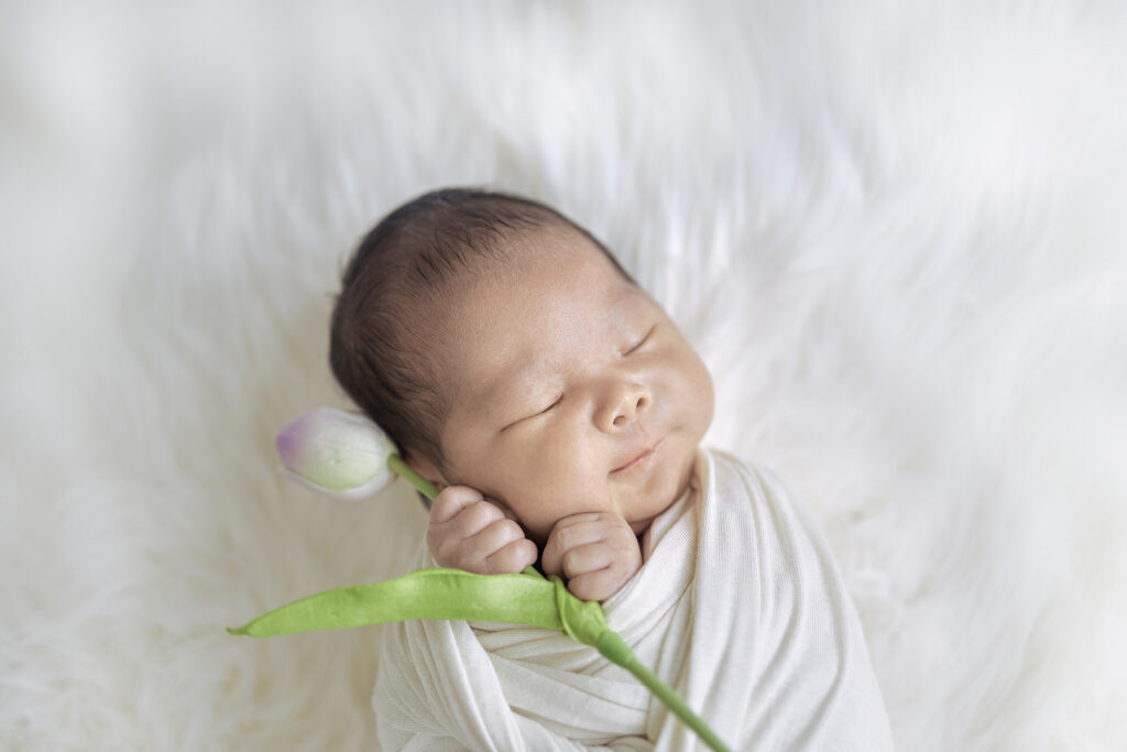 professional newborn photography of a baby holding a flower
